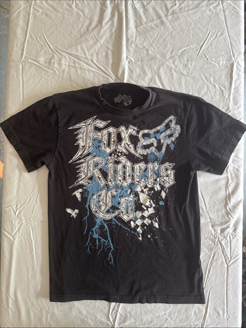 Fox early 2000s Black Graphic Tee with Blue and White Accents